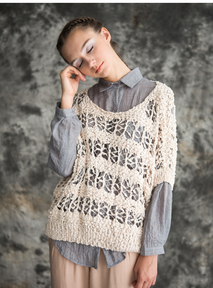 d2c刘备 秋装新品女装宽松镂空蝙蝠中袖套头中长款针织衫l5231n2f
