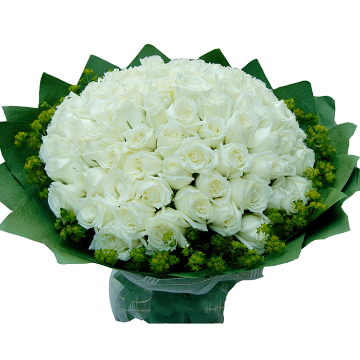 亲密爱人 sh001748 99朵精品白玫瑰,叶桑金外围,军绿色皱纹纸包装,纱