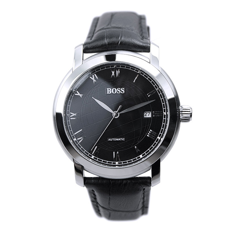 波士boss 商务经典机械男士手表 黑色表盘 日历 皮革表带男士腕表 男
