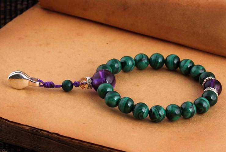 如意藏 纯天然孔雀石佛珠手串 女款助姻缘手链 8mm节日礼物z0b9