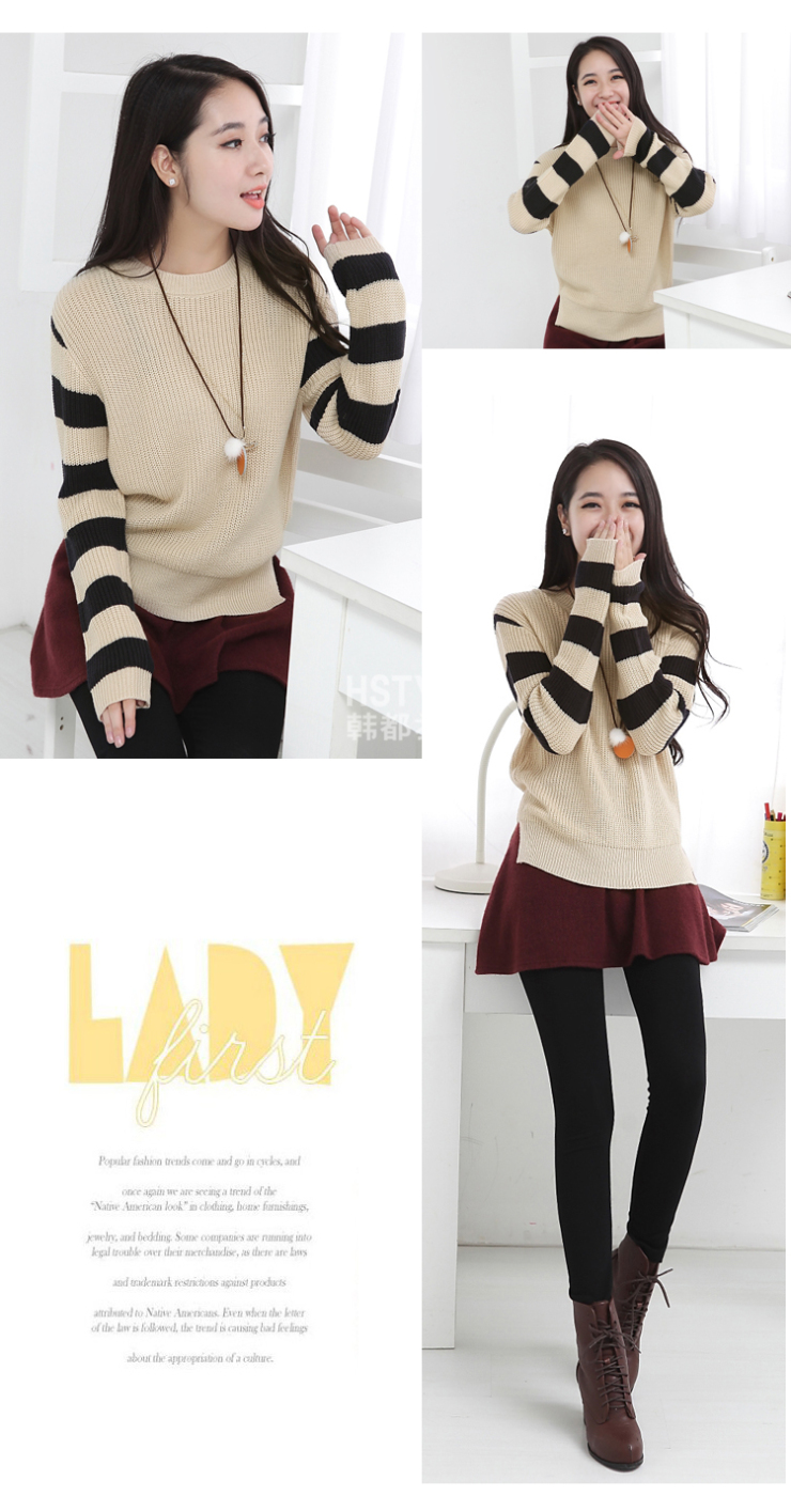 韩都衣舍 韩国2013新年春装新款女装圆领条纹修身长袖毛衣df2006⑤