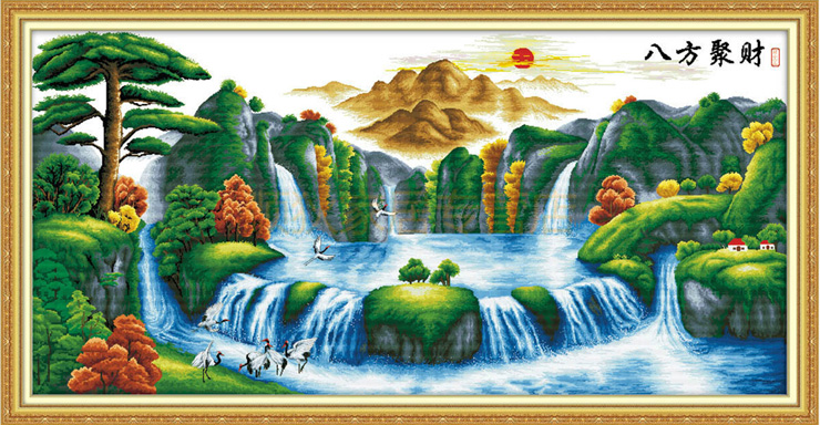 菲绣绣艺 精准印花十字绣套件 八方聚财聚宝盆 客厅大幅风景装饰挂画