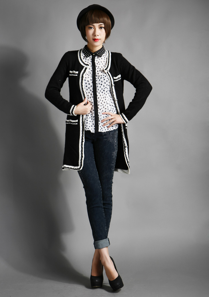 viscap维斯凯女装 韩版小香优雅圆领甜美修身中长款开衫毛衣 31 l