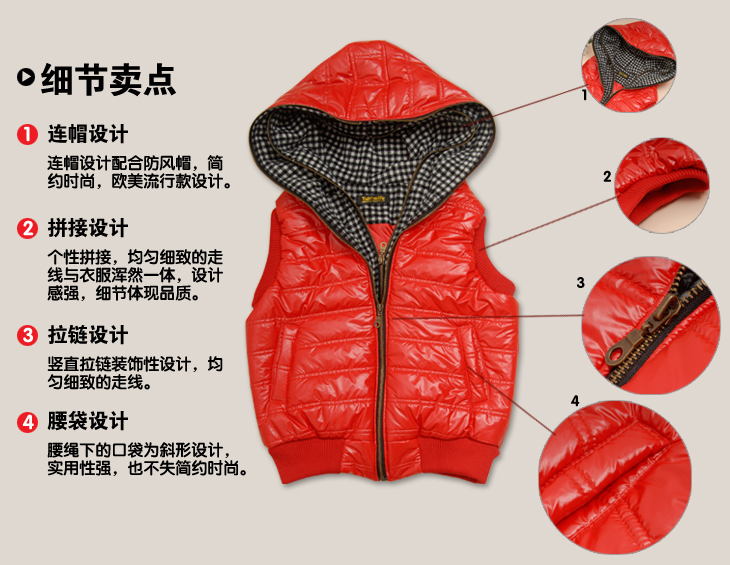 特尚莱菲 秋冬新款女装加厚短款连帽涂层防水马甲外套 QW039 红色 M