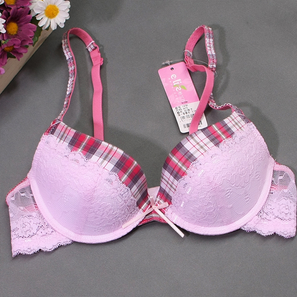 怡兰芬少女文胸有钢圈定型聚拢小胸型a杯纯棉格子学生内衣蕾丝 1230