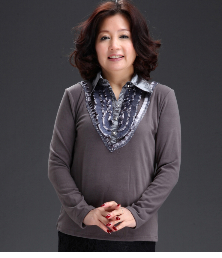 乐卡索 翻领花边长袖t恤中老年时尚妈妈装 bs1216ct 绿色 均码