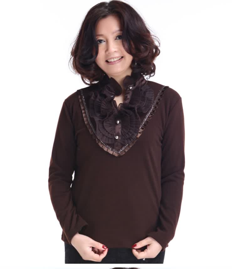 乐卡索 中老年时尚妈妈装大码高领褶皱长袖t恤打底衫