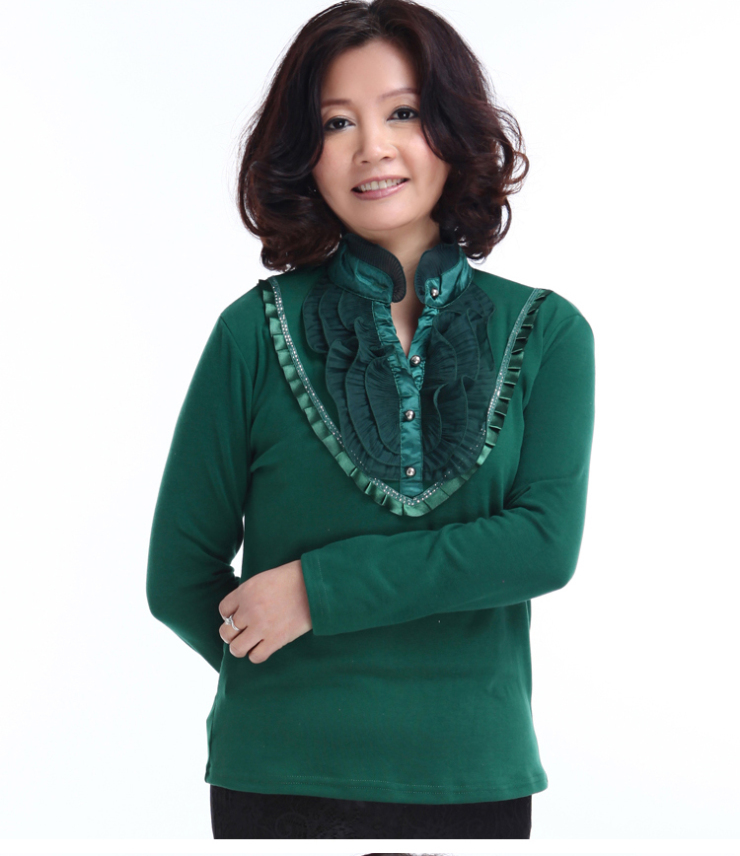 乐卡索 中老年时尚妈妈装大码高领褶皱长袖t恤打底衫