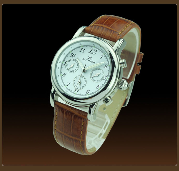 actimer/时光爱客 卧虎藏龙高档真皮男表 精钢壳6针多功能男表 黑面