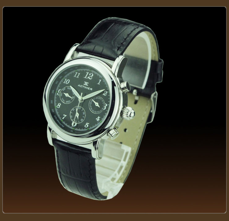actimer/时光爱客 卧虎藏龙高档真皮男表 精钢壳6针多功能男表 黑面