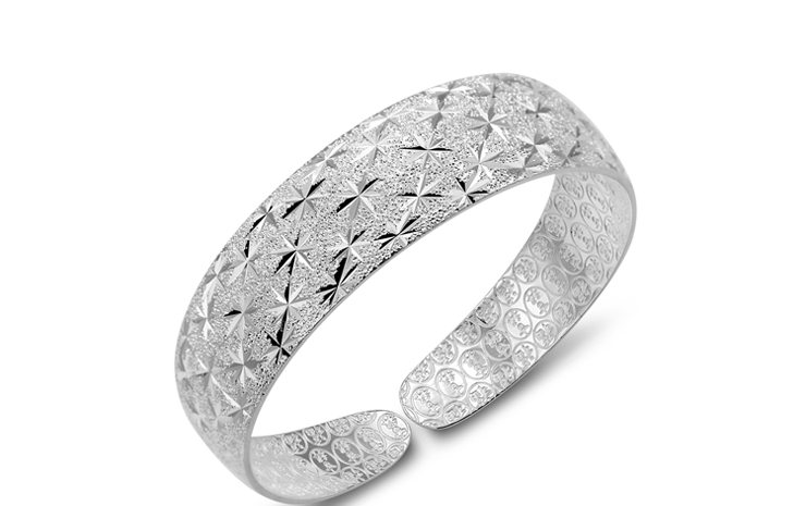 饰水琉年999千足银手镯 女款 时尚宽面 满天星纹饰 福字内文 开口手镯