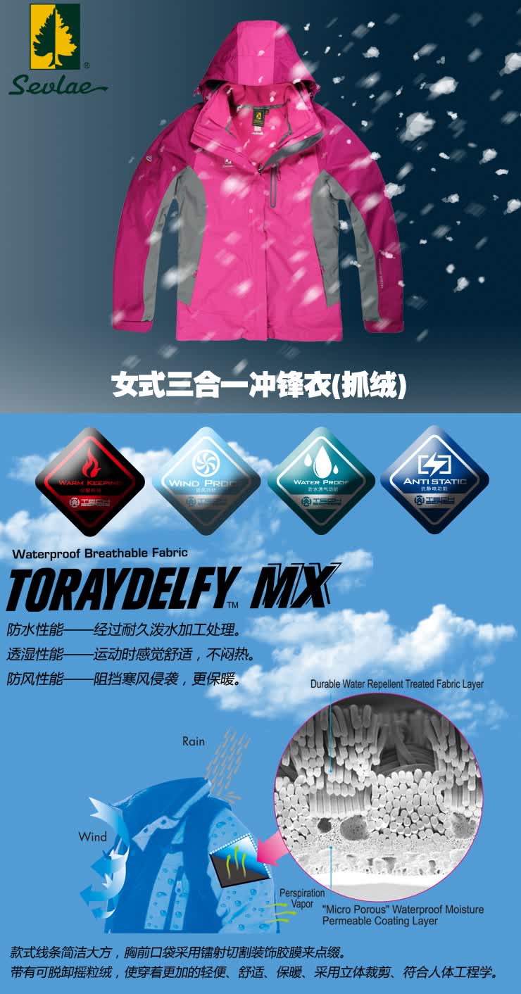 sevlae圣弗莱冲锋衣女款两件套户外抓绒内胆三合一保暖防风登山服d