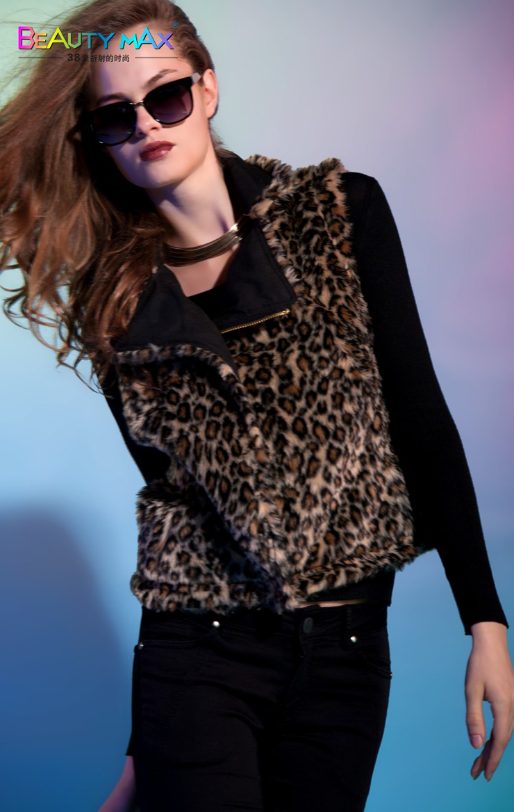 2013新装春款欧美街拍 狂野豹纹仿皮草 大翻领正反两穿 背心马夹 豹纹