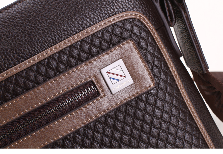 富贵鸟男士菱格头层牛皮商务单肩斜跨包 啡色