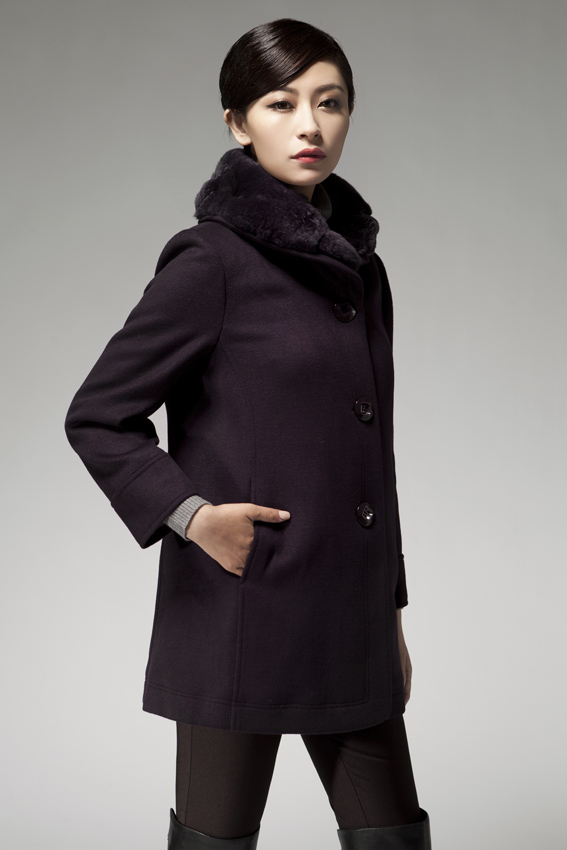 goobgs/谷邦2012秋冬新款毛呢外套g4t855獭兔毛领羊毛混纺大衣 紫色 m