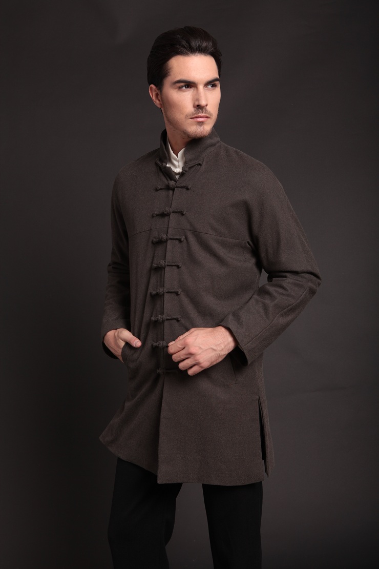 柒唐唐装秋冬风衣 新款改良男装外套 长款中国风风衣 直扣立领中式