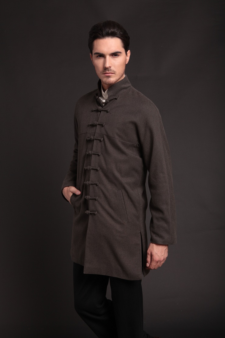 柒唐唐装秋冬风衣 新款改良男装外套 长款中国风风衣 直扣立领中式