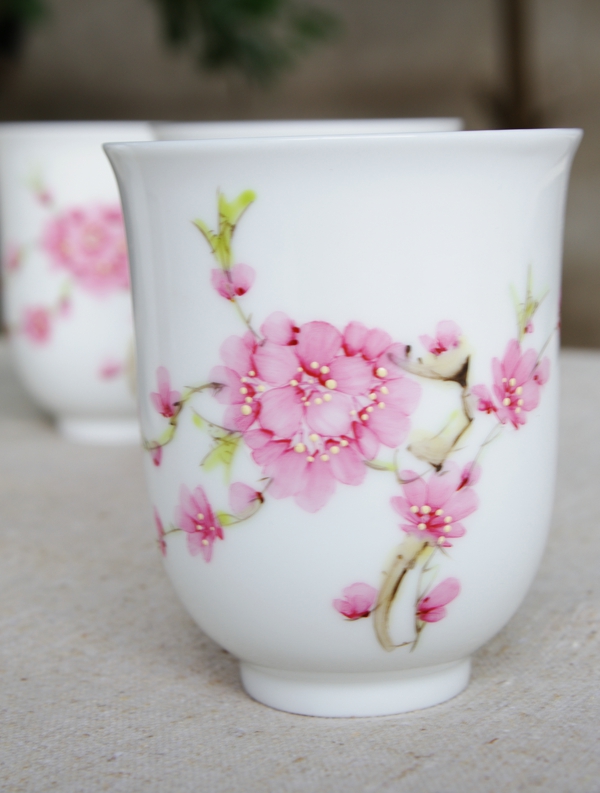 景德镇御磬陶瓷 5头手绘水点桃花大钟茶具