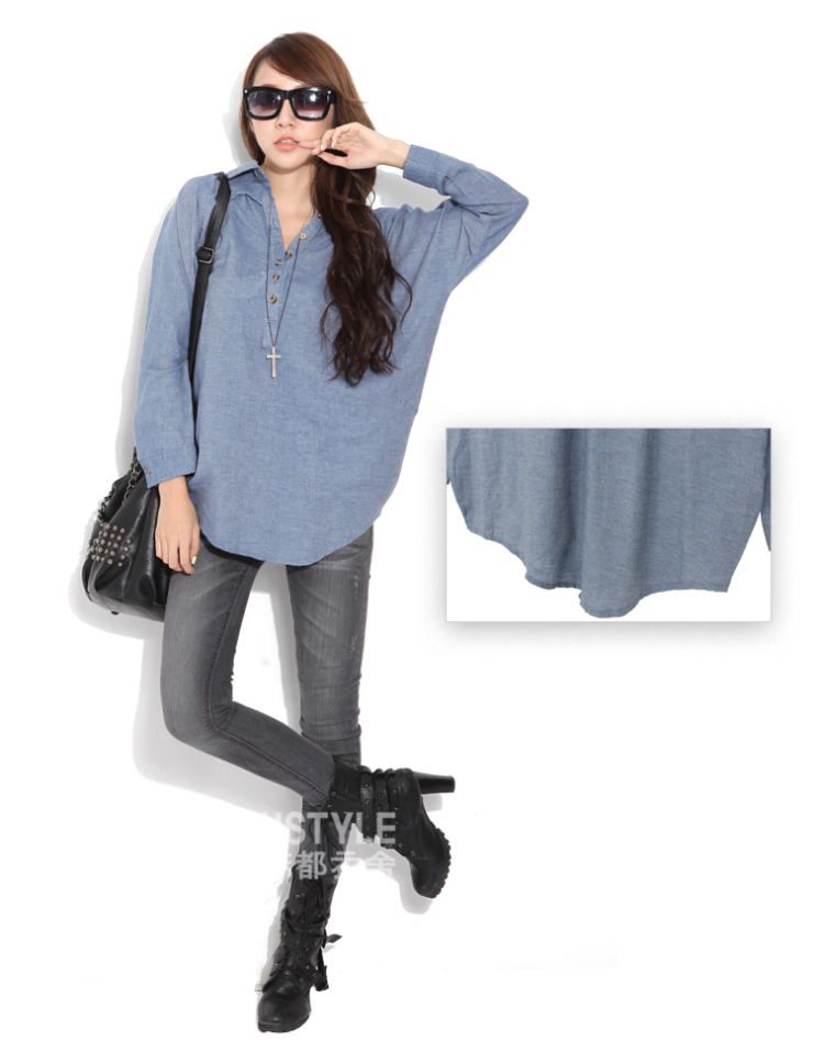 韩都衣舍 韩国2013春装新款女装蝙蝠袖大码纯色牛仔衬衫oh2056⑥ 蓝色