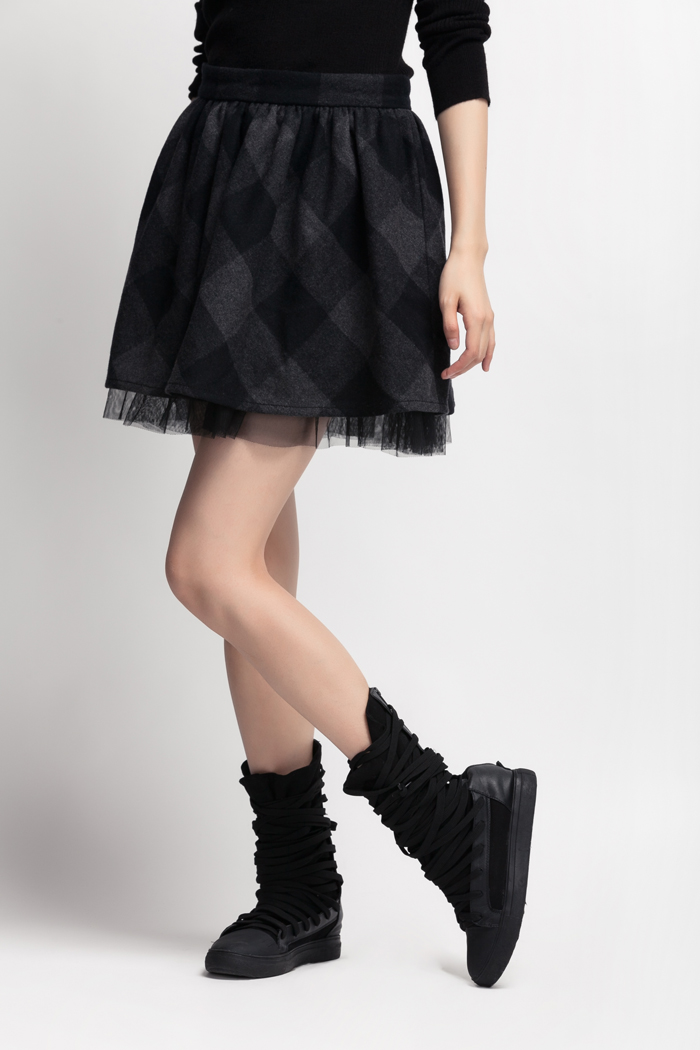 圣迪奥 sdeer 女装秋装 缀纱格纹配腰带斜裙1481377