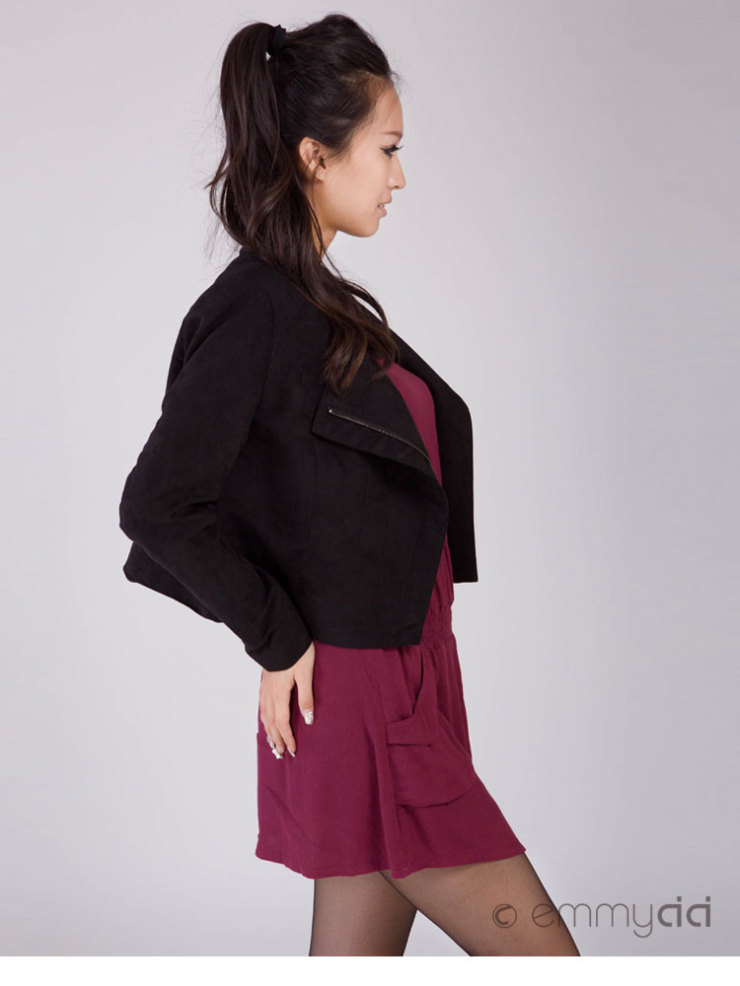 emmycici 秋女装 麂皮针织拼接修身短款长袖夹克小外套 新品 黑色 m