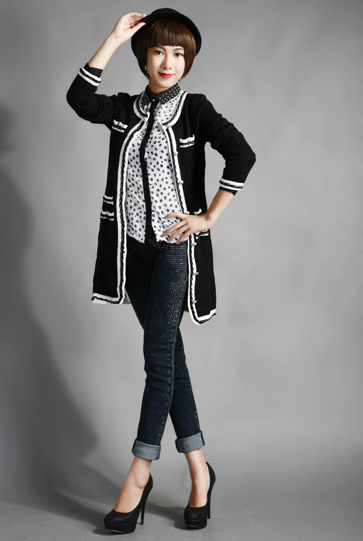 viscap维斯凯女装 韩版小香优雅圆领甜美修身中长款开衫毛衣 31 l