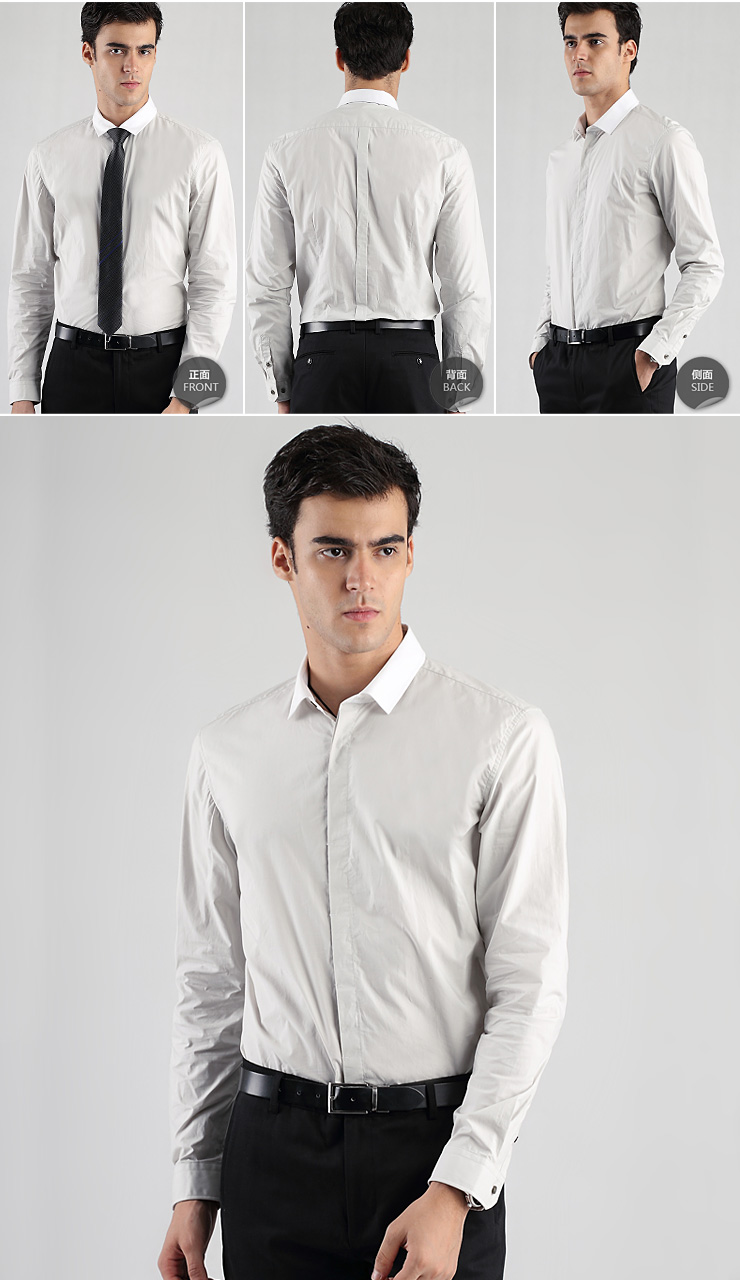 群豪黑牌男装秋冬新款撞色领长袖衬衫12313004 浅灰 42