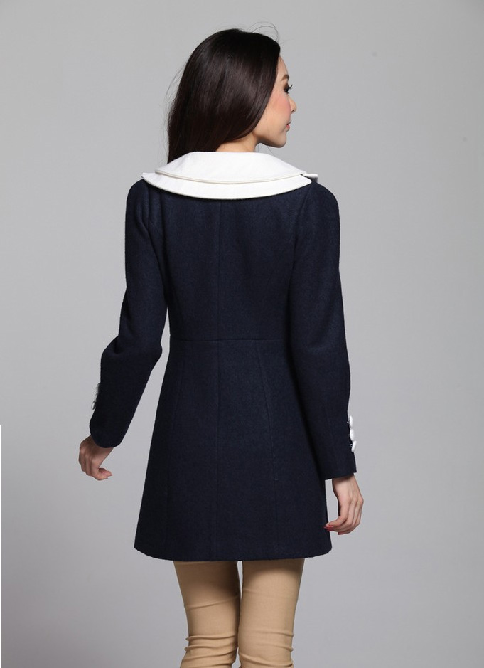 艾戈米蓝aigemilan双层花边领 收腰毛呢大衣 蓝色