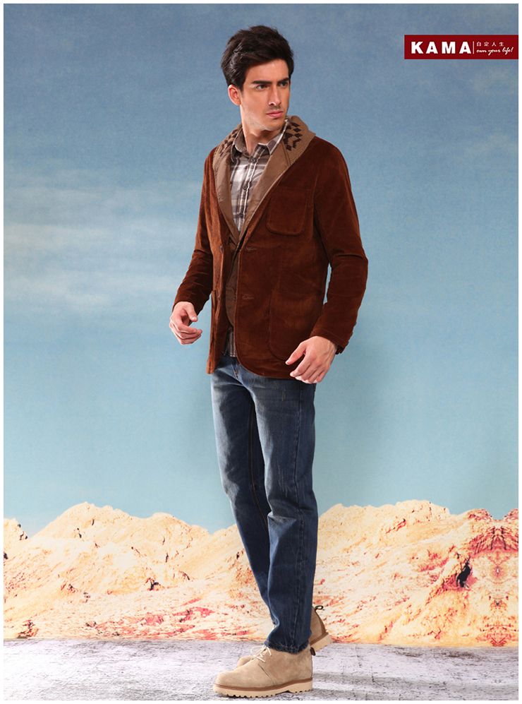 卡玛kama 男士拼接两用领 pu拼皮休闲西装款外套 2312717 咖啡色 xl