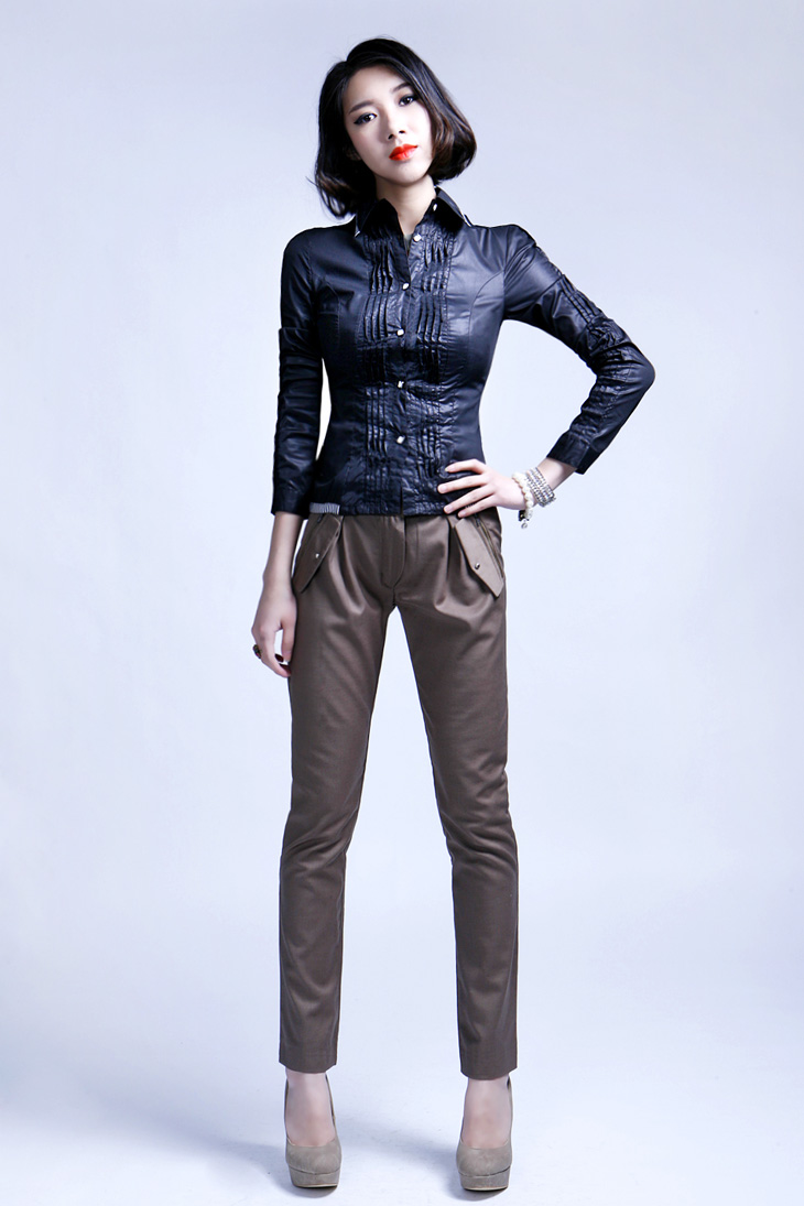 viscap维斯凯女装 新款褶皱修身英伦学院风拼接黑白格衬衫602131583