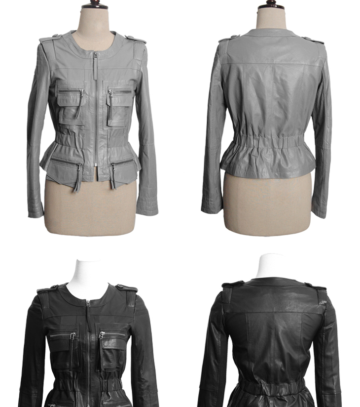 佩拉琪 paellacia 猎装口袋纯羊皮真皮圆领长袖皮衣 黑白灰 ck52 灰色