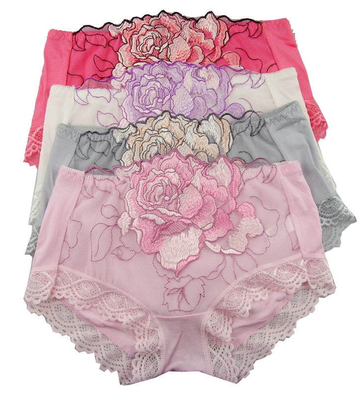 芙达儿 牡丹裤性感女士透明透气 刺绣牡丹花三角内裤 粉红色 均码