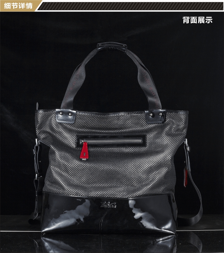 e&g易聚黑色漆皮搭配网格布料袋身轻薄男士手挽斜跨两用休闲男包