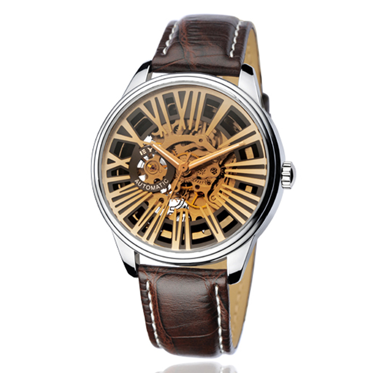 艾奇(eyki) 全自动镂空机械表 时尚男士手表 韩版个性皮带男表8560 棕