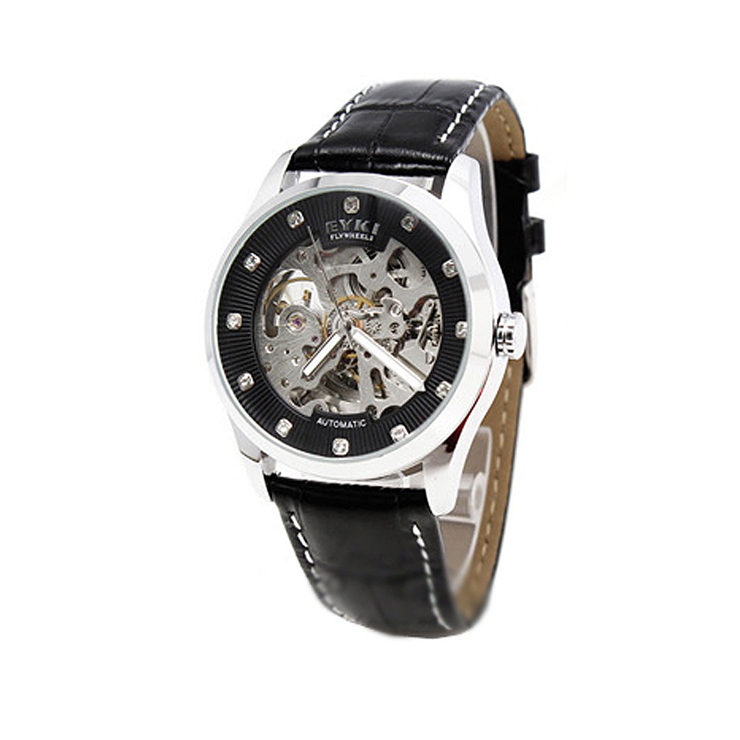 艾奇(eyki) 全自动机械表 时尚镂空 休闲水钻防水腕表8372 钢带黑盘