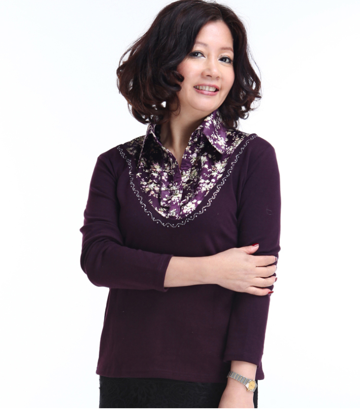 乐卡索 中老年时尚妈妈装大码翻领褶皱长袖t恤打底衫