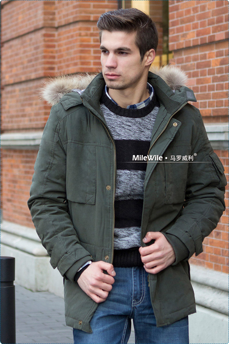 马罗威利男士新款欧美可脱卸帽立领毛领冬装厚棉衣 卡其色2592 xl