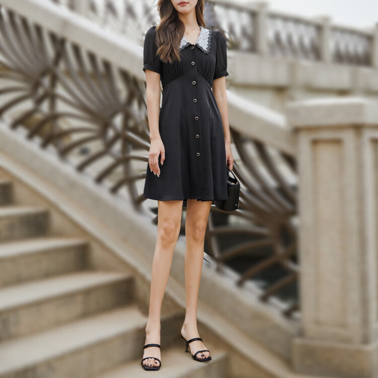 逸阳esey22年夏季薄款时尚v领中长款百褶裙女泡泡袖连衣裙女裙子女