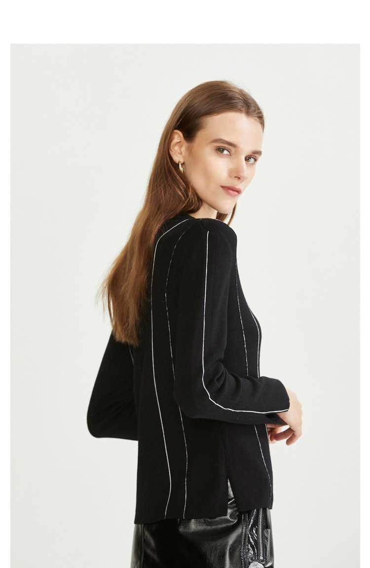 朗姿lancy 高端线俪雅春秋冬羊毛显瘦撞色条纹针织衫 黑色 s