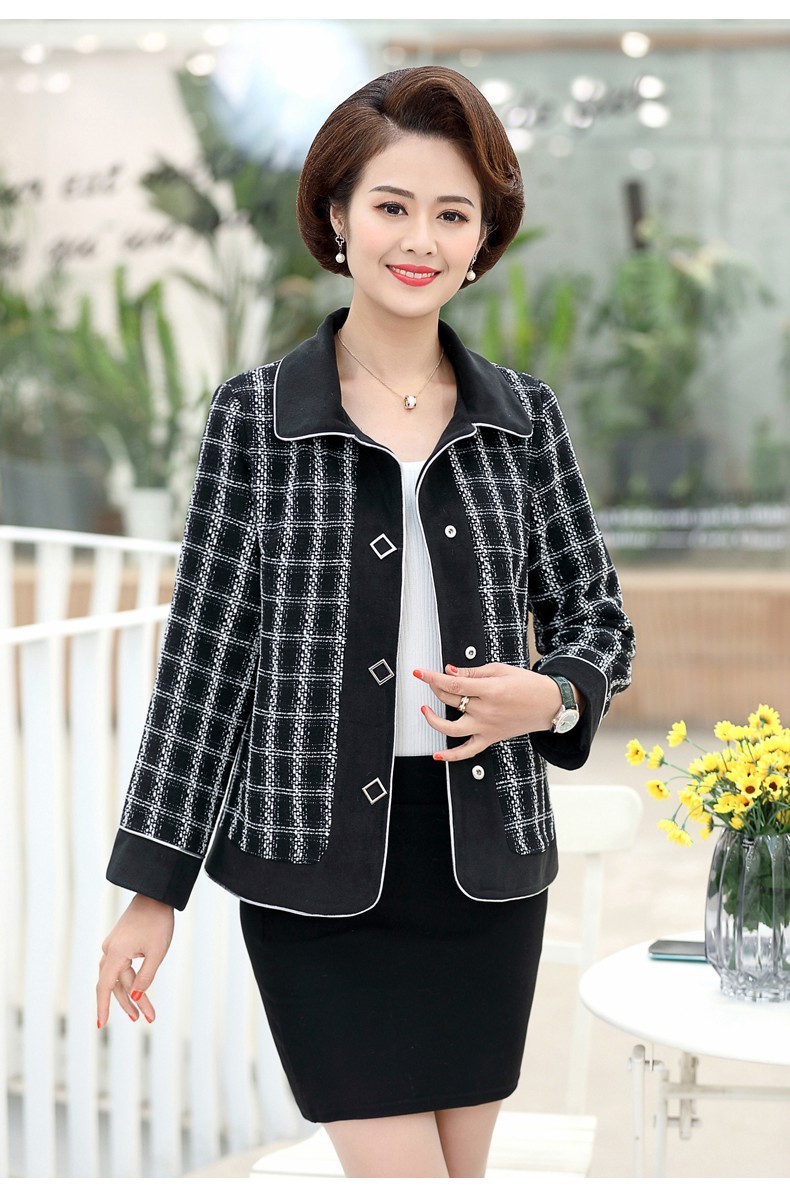 俞兆林中老年人女装4050岁时尚妈妈装春秋装翻领长袖格纹短外套衣服女