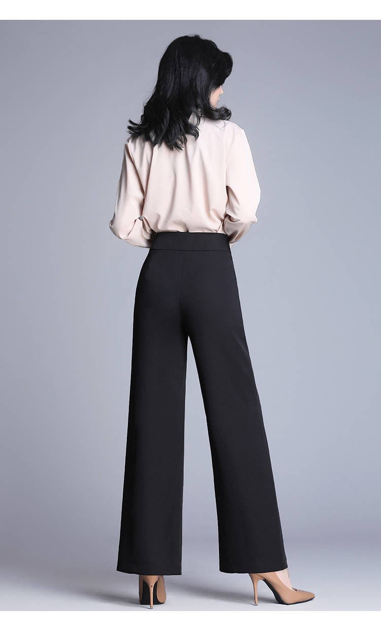 suigill春秋新款阔腿裤女高腰大码黑色女装休闲裤子直筒裤 黑色竖条纹