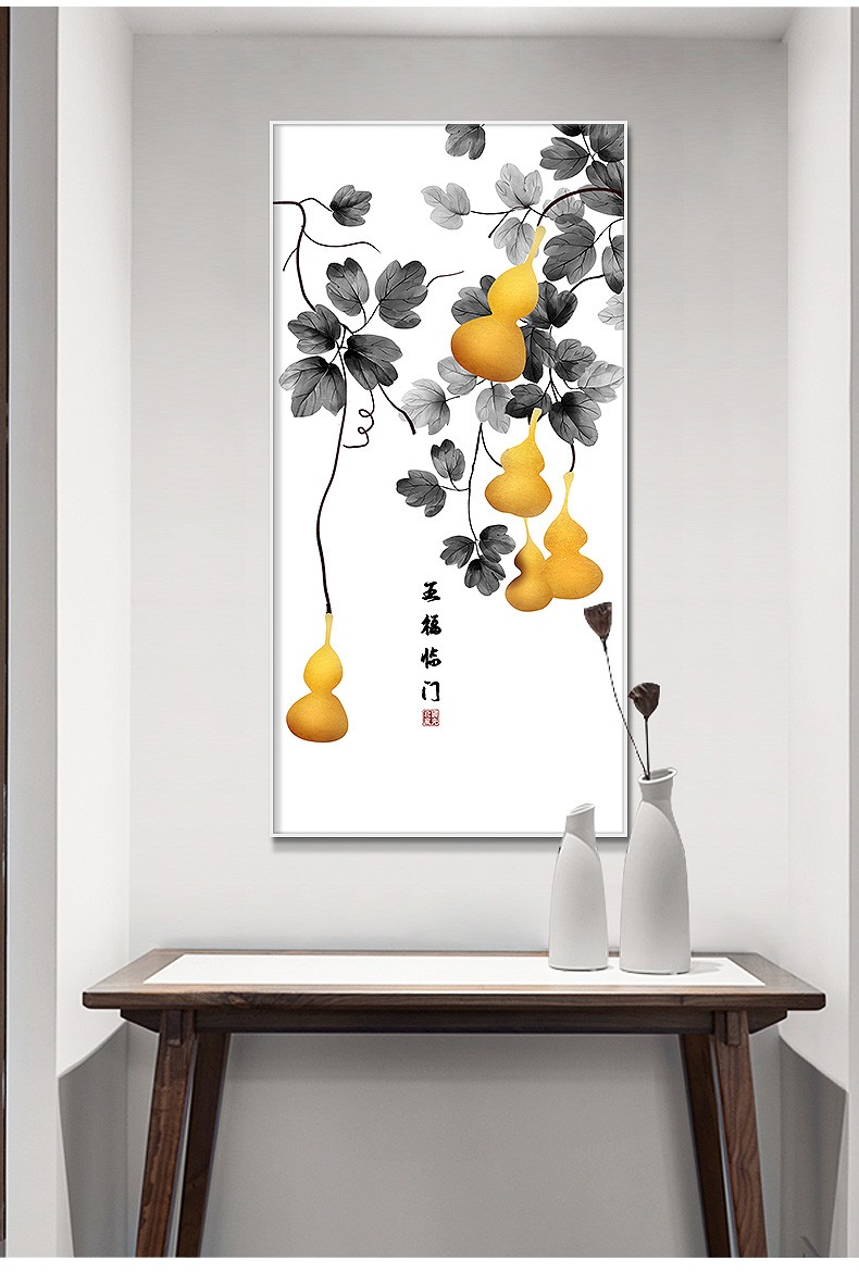 领艺lingyi新中式入户玄关装饰画竖版走廊过道招财风水五福临门客厅