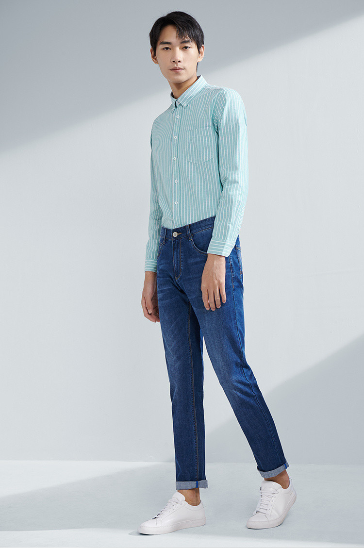 hla海澜之家 2020春季新款男士舒适牛津纺时尚条纹长袖休闲衬衫男