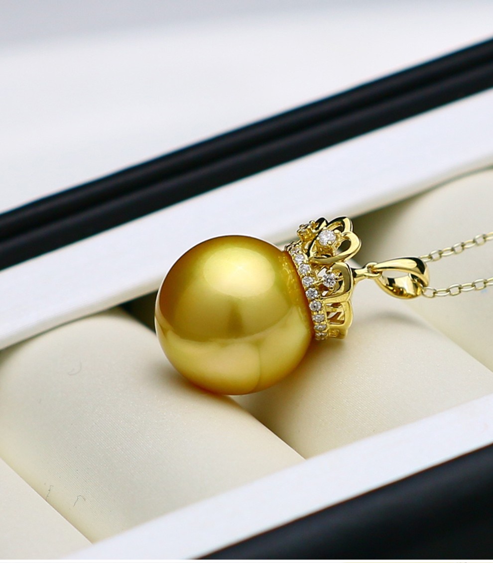 珍媄珠宝18k金镶钻石女王皇冠14mm南洋金珠吊坠正圆海水珍珠吊坠送