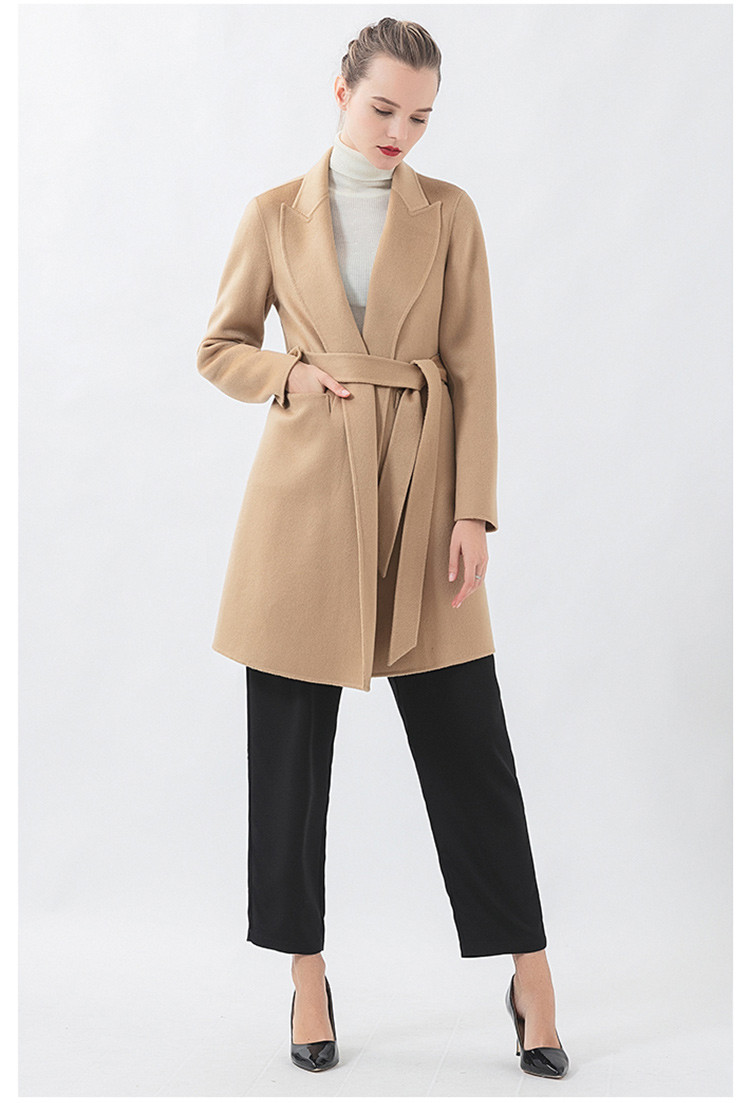 75微米小山羊绒戗驳领绑带中长款羊绒大衣外套 白金浅驼 xl