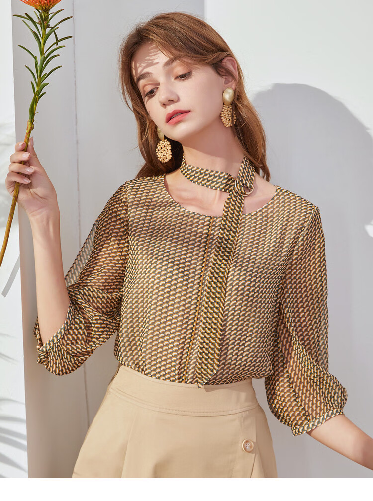 佳人苑jry 2020春装新款通勤风时尚百搭波点雪纺衬衫女士上衣 琥珀色