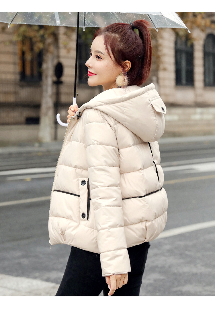 【断码精选】小个子棉服连帽撞色织带拼接刺绣短款保暖女式棉衣 米色