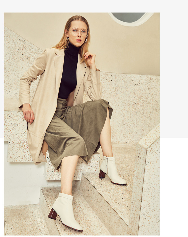 康奈kangnai 秋冬方头高跟时装靴牛皮真皮女靴猪皮内里短靴女鞋 米