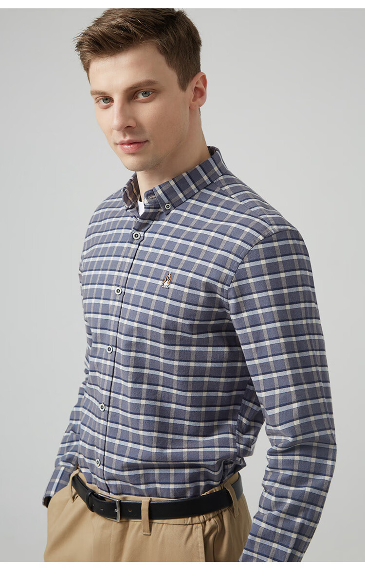 暇步士hush puppies 22秋冬休闲舒适小方格长袖衬衣男式衬衫 075深蓝1
