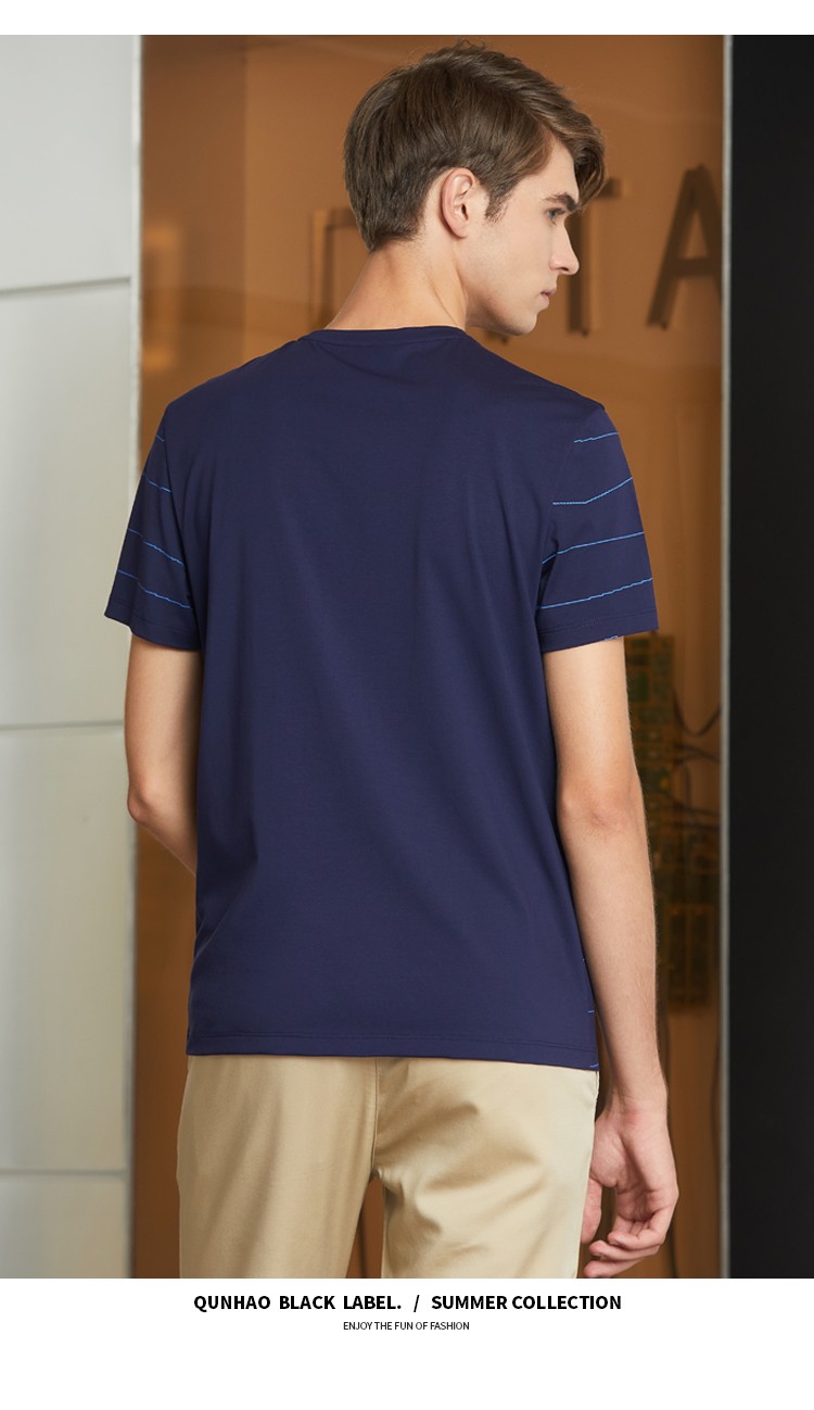 群豪男装春夏新品t恤圆领印花体恤男士条纹短袖打底衫休闲宝蓝50